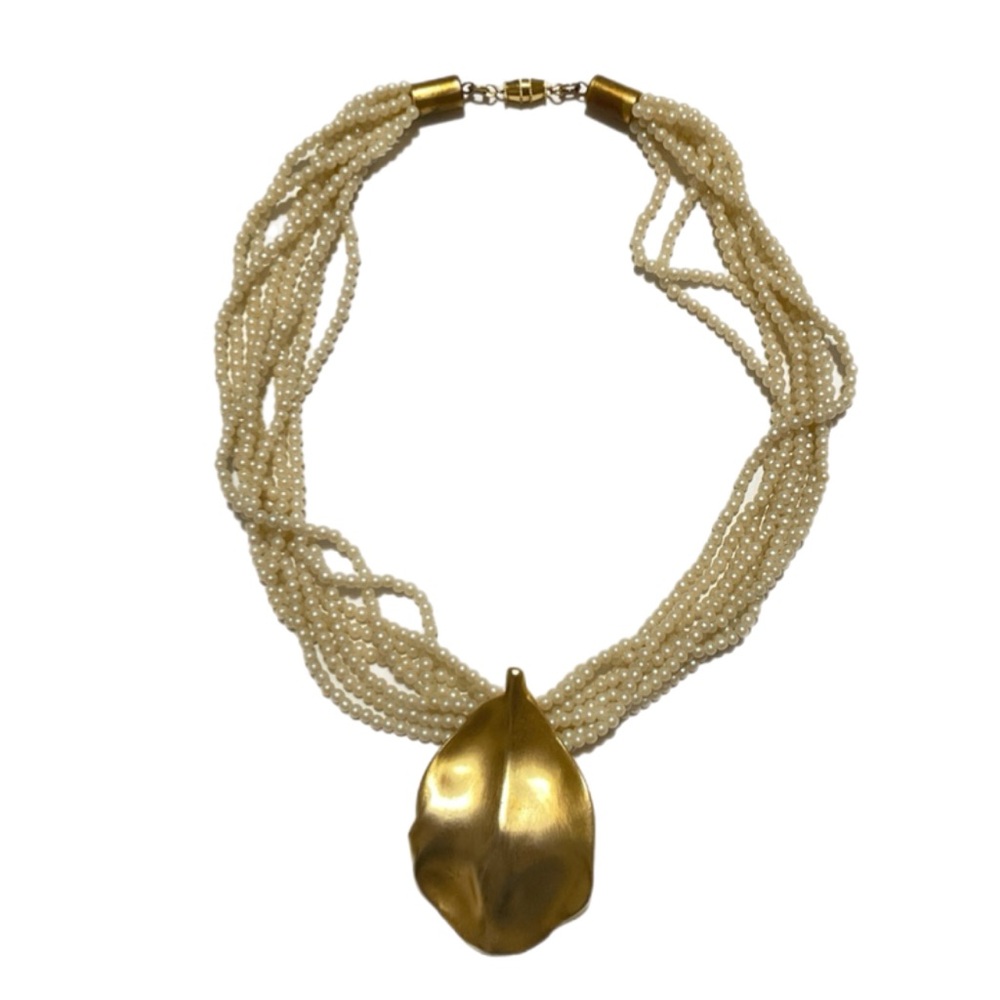 Necklace - Multi-strand Small Pearls with Gold Leaf Pendant